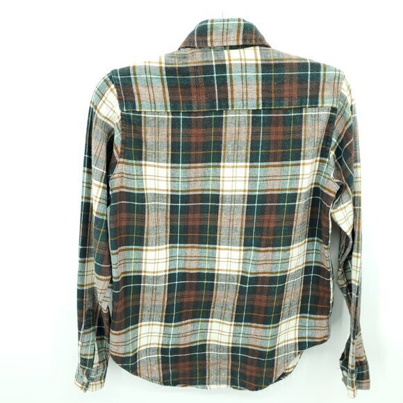 VTG L.L. Bean 100% Cotton Plaid Flannel Button Shirt S/M Cream/Green/Brown - Picture 2 of 16